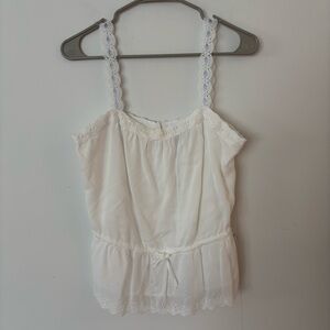 paige white lace boho tank top with light blue ribbon straps.🤍